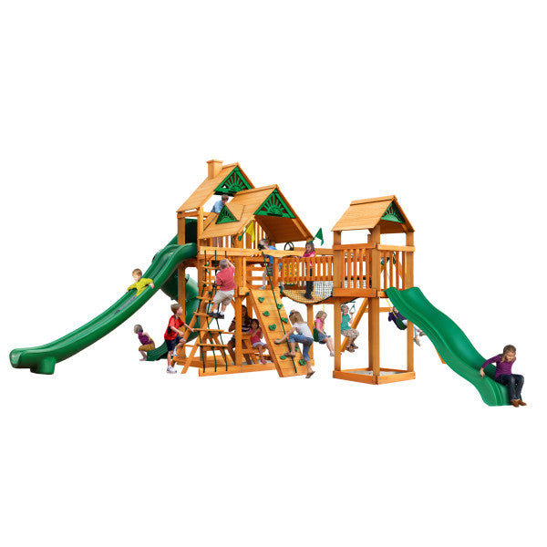 Gorilla Playsets Treasure Trove II Wooden Swing Set with 3 Slides, Clatter Bridge and Tower, and Rock Climbing Wall 01-1034-AP - Swings and More