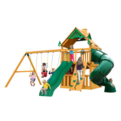 Gorilla Playsets Mountaineer Clubhouse Wooden Swing Set with Wood Roof, Extreme Tube Slide, and Rock Climbing Wall 01-0033-AP - Swings and More
