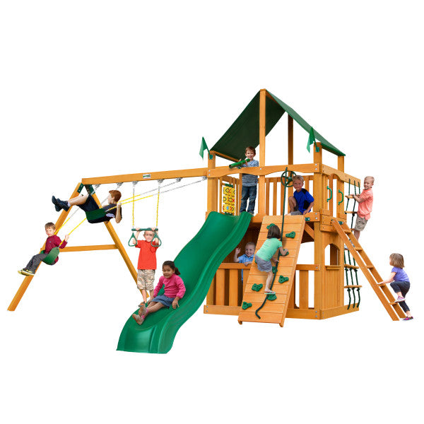 Gorilla Chateau Clubhouse Wooden Swing Set with Sunbrella® Canvas Canopy, Rock Climbing Wall 01-0035-AP-2 - Swings and More