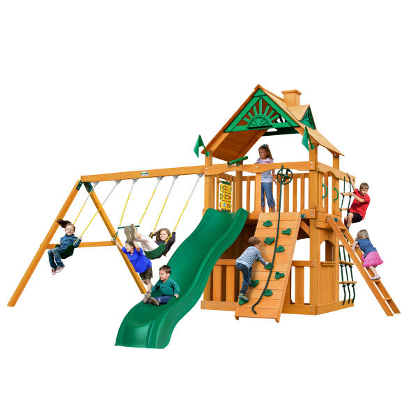 Gorilla Chateau Clubhouse Wooden Swing Set with 2 Swing Belts, Trapeze Bar 01-0035-AP - Swings and More