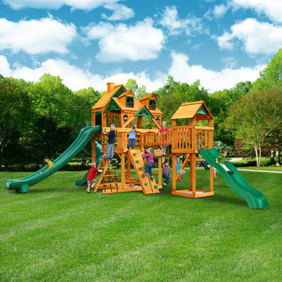 Gorilla Playsets Treasure Trove II Wooden Swing Set with Malibu Wood Roof, 2 Solar Wall Lights, and 3 Slides 01-0078-AP - Swings and More