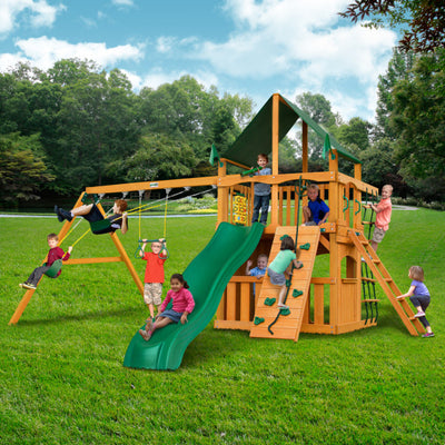 Gorilla Chateau Clubhouse Wooden Swing Set with Sunbrella® Canvas Canopy, Rock Climbing Wall 01-0035-AP-2 - Swings and More