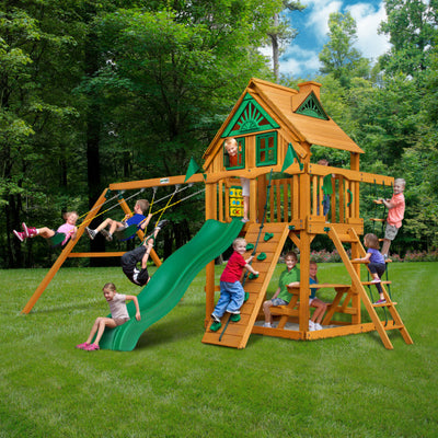 Gorilla Chateau Treehouse Wooden Swing Set with Rope Ladder, Rock Climbing Wall 01-0050-AP - Swings and More