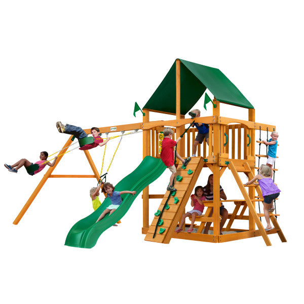 Gorilla Chateau Wooden Swing Set with Sunbrella® Canvas Canopy, Deluxe Rope Ladder, and Rock Climbing Wall 01-0003-AP-2 - Swings and More