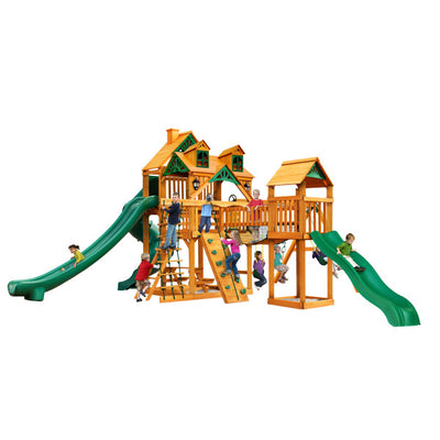 Gorilla Playsets Treasure Trove II Wooden Swing Set with Malibu Wood Roof, 2 Solar Wall Lights, and 3 Slides 01-0078-AP - Swings and More