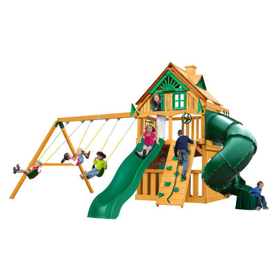 Gorilla Playsets Mountaineer Clubhouse Treehouse Wooden Swing Set with Tube Slide and Rock Climbing Wall 01-0054-AP - Swings and More