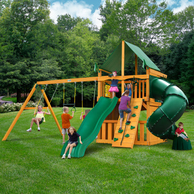 Gorilla Playsets Mountaineer Clubhouse Wooden Swing Set with Wood Roof, Extreme Tube Slide, and Rock Climbing Wall 01-0033-AP-1 - Swings and More