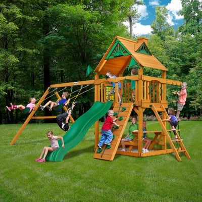 Gorilla Chateau Cedar Wooden Swing Set with Wood Roof, Rock Climbing Wall 01-0003-AP - Swings and More