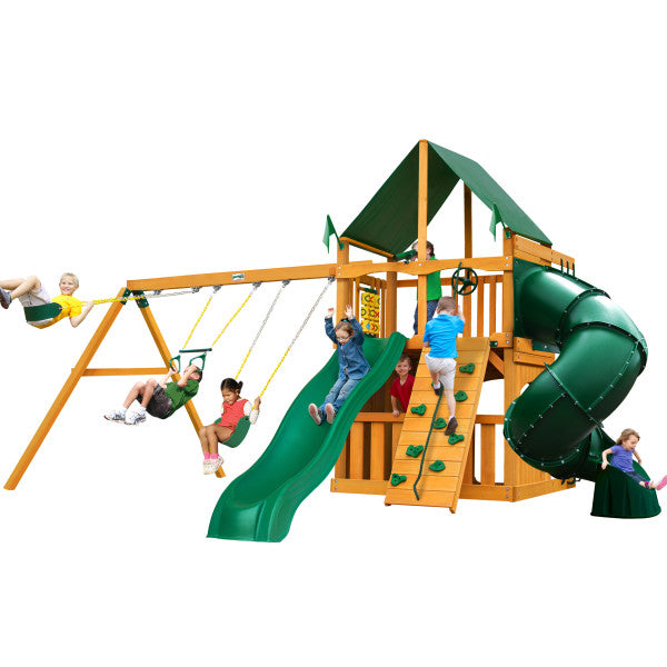 Gorilla Playsets Mountaineer Clubhouse Wooden Swing Set with Sunbrella® Canvas Canopy, 2 Swing Belts, and Tube Slide 01-0033-AP-2 - Swings and More