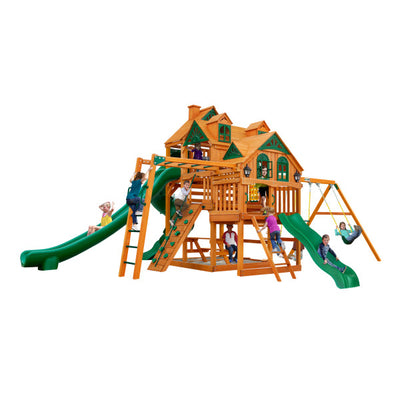 Gorilla Playsets Empire Wooden Swing Set with 2 Solar Wall Lights, Monkey Bars, and 3 Slides 01-0089-AP - Swings and More
