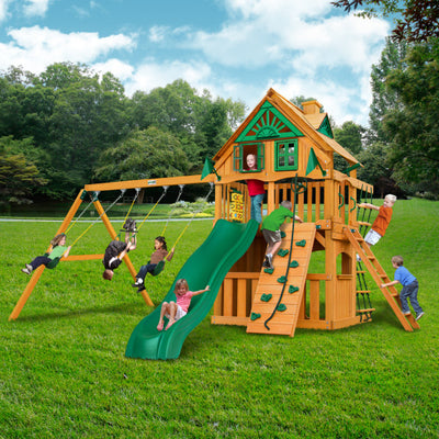 Gorilla Chateau Clubhouse Treehouse Wooden Swing Set with Rock Climbing Wall 01-0051-AP - Swings and More