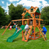 Gorilla Chateau Wooden Swing Set with Malibu Wood Roof, 2 Solar Wall Lights, and Rock Climbing Wall 01-0045-AP - Swings and More
