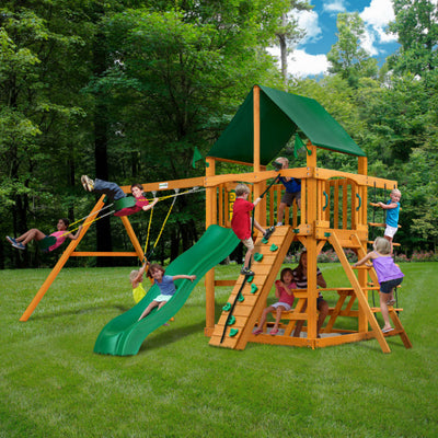 Gorilla Chateau Wooden Swing Set with Sunbrella® Canvas Canopy, Deluxe Rope Ladder, and Rock Climbing Wall 01-0003-AP-2 - Swings and More
