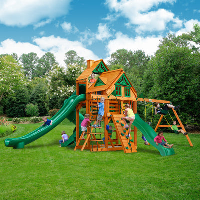 Gorilla Playsets Great Skye II Treehouse Wooden Swing Set with 2 Swing Belts, 3 Slides, and Rope Ladder 01-0059-AP - Swings and More