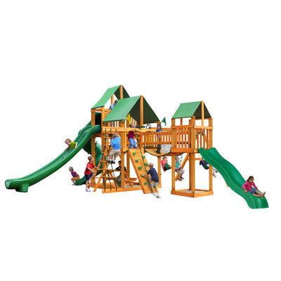Gorilla Playsets Treasure Trove II Wooden Swing Set with Sunbrella® Canvas Canopy, 3 Slides, and Rock Climbing Wall 01-1034-AP-2 - Swings and More