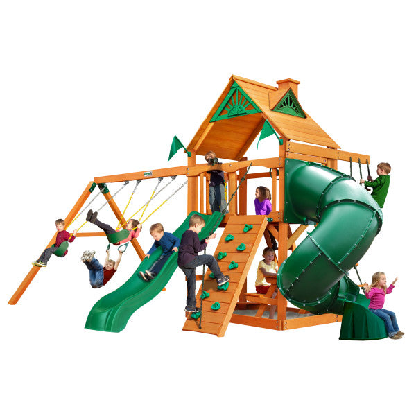 Gorilla Playsets Mountaineer Wooden Swing Set with Wood Roof, Extreme Tube Slide, and Built-in Picnic Table 01-0005-AP - Swings and More