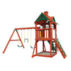 Gorilla Five Star II Wooden Swing Set with Rock Climbing Wall, 2 Belt Swings, and Trapeze Bar 01-0082-RP - Swings and More
