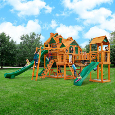 Gorilla Playsets Empire Extreme Wooden Swing Set with Monkey Bars, Clatter Bridge and Tower, and 3 Slides 01-0090-AP - Swings and More